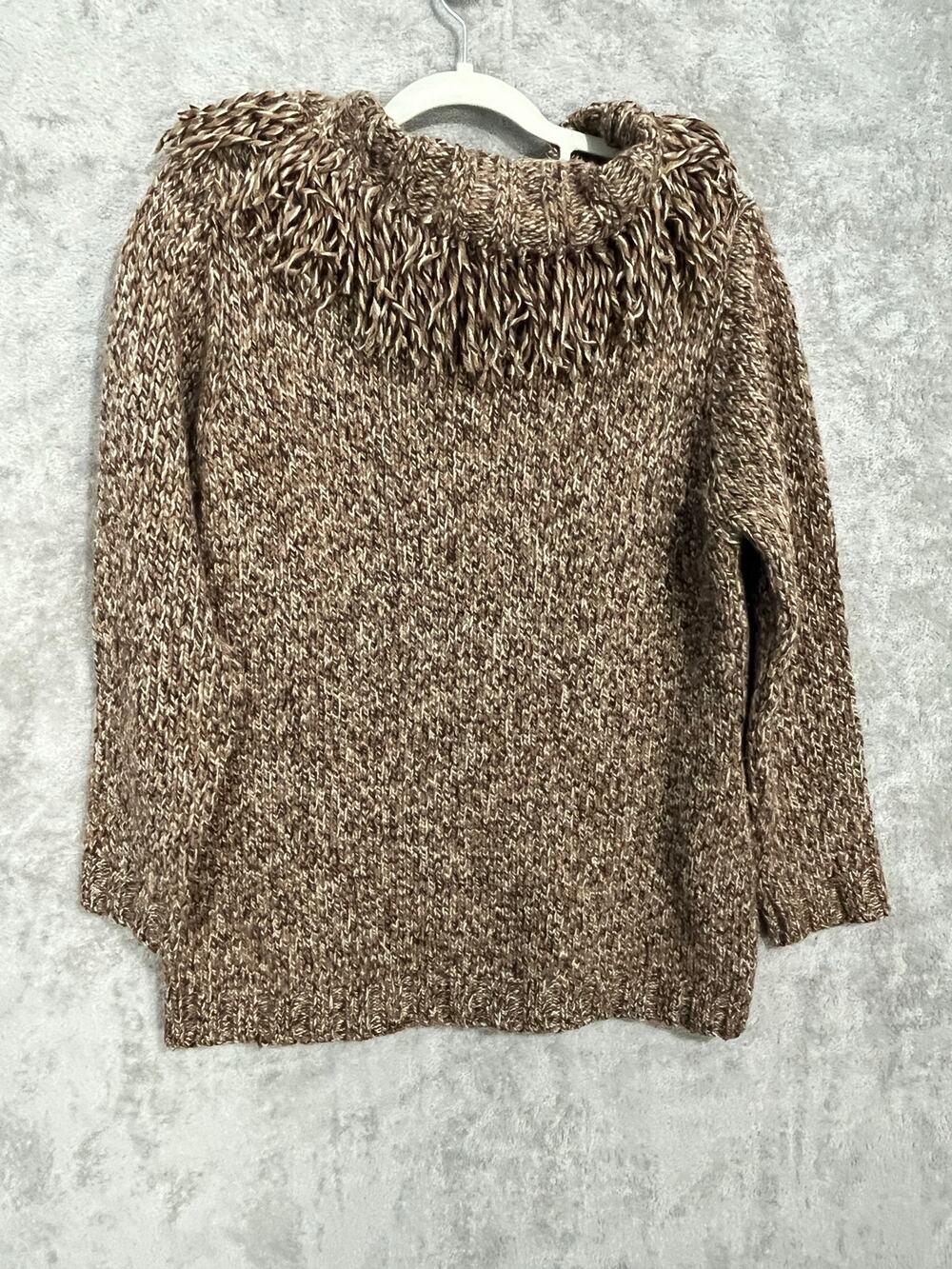 Bogner Soft Virgin Wool Sweater Size 12 Brown Fringe Cowl Neck Boho